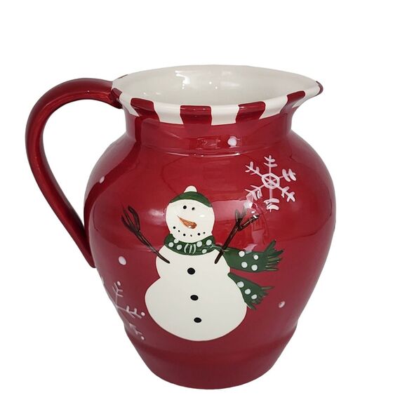Snowman And Snowflakes Red Christmas Ceramic Pitcher Holiday Decor 7x7in - Picture 5 of 8